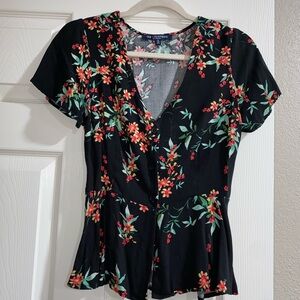 Black V Neck Floral Button Short Sleeve